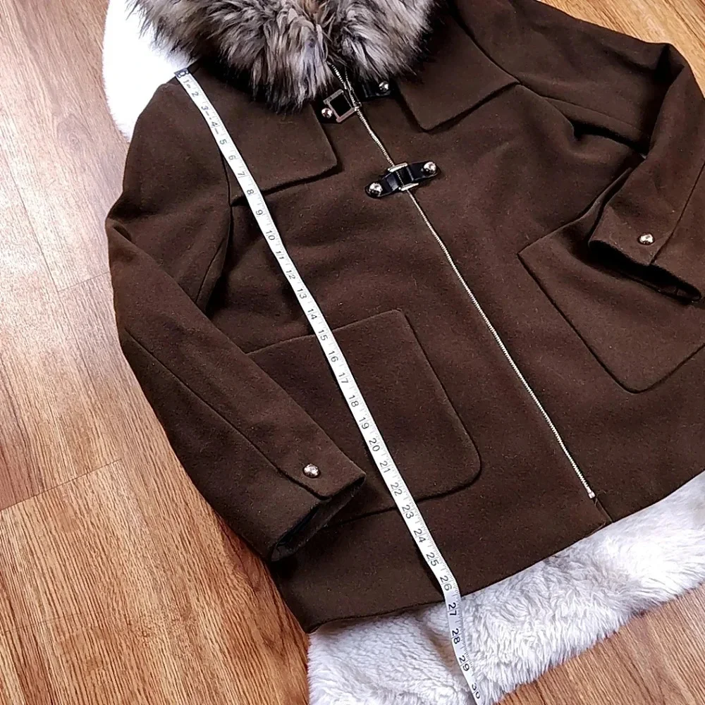 Zara Brown Coat with Faux Fur Collar - Picture 5 of 13